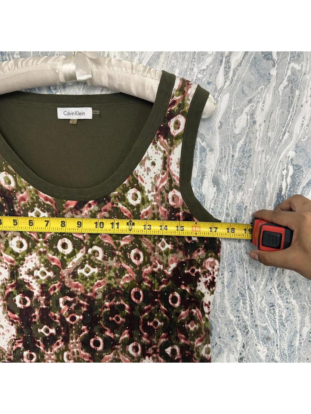 Boho Indie Olive Green Patterned Sleeveless Top L - Picture 6 of 8